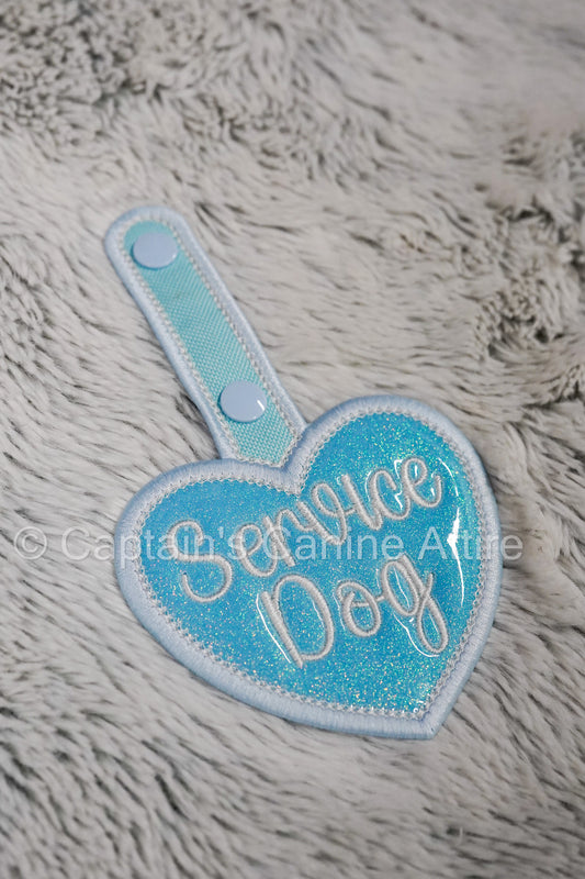 "Service Dog" Heart Patch Tab - Light Blue Sparkle Vinyl & White Text