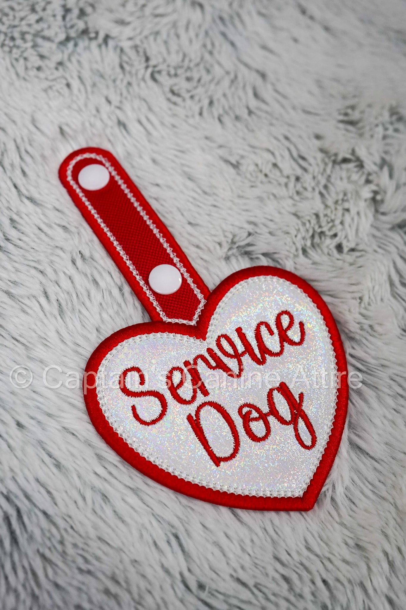 "Service Dog" Heart Patch Tab - White Iridescent & Red