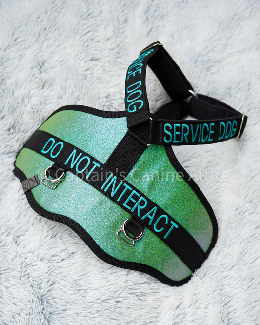 Green and black service dog hybrid harness with 'Do Not Interact' text on a white background
